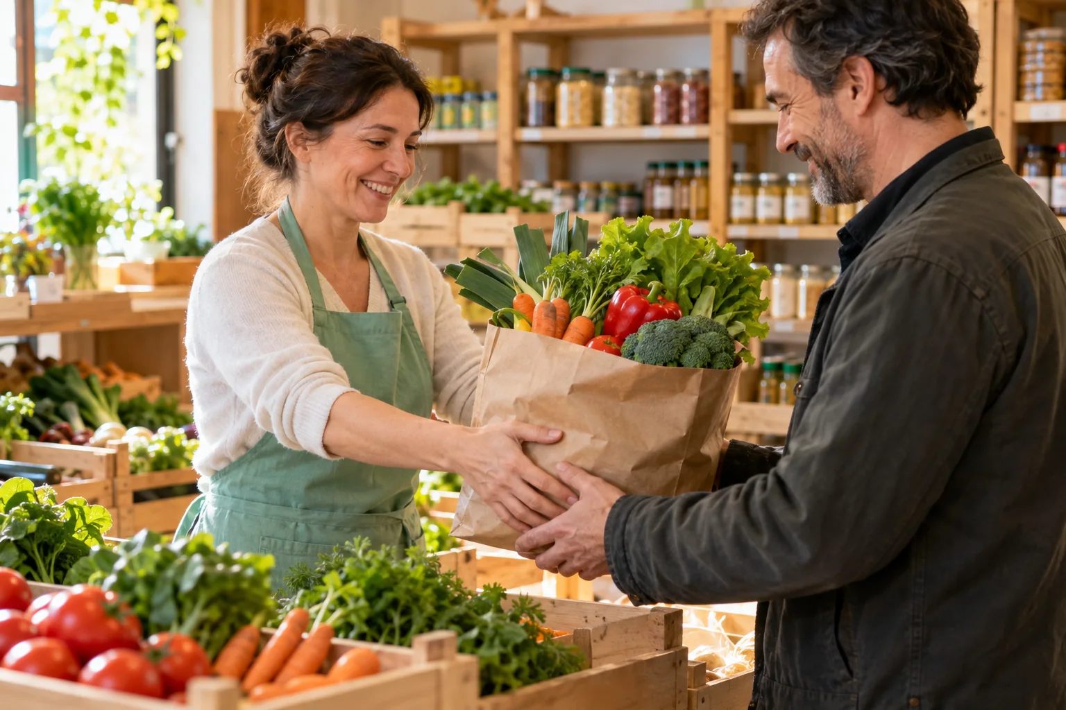Une bénévole remet un panier de produits frais à un client dans une épicerie accueillante.